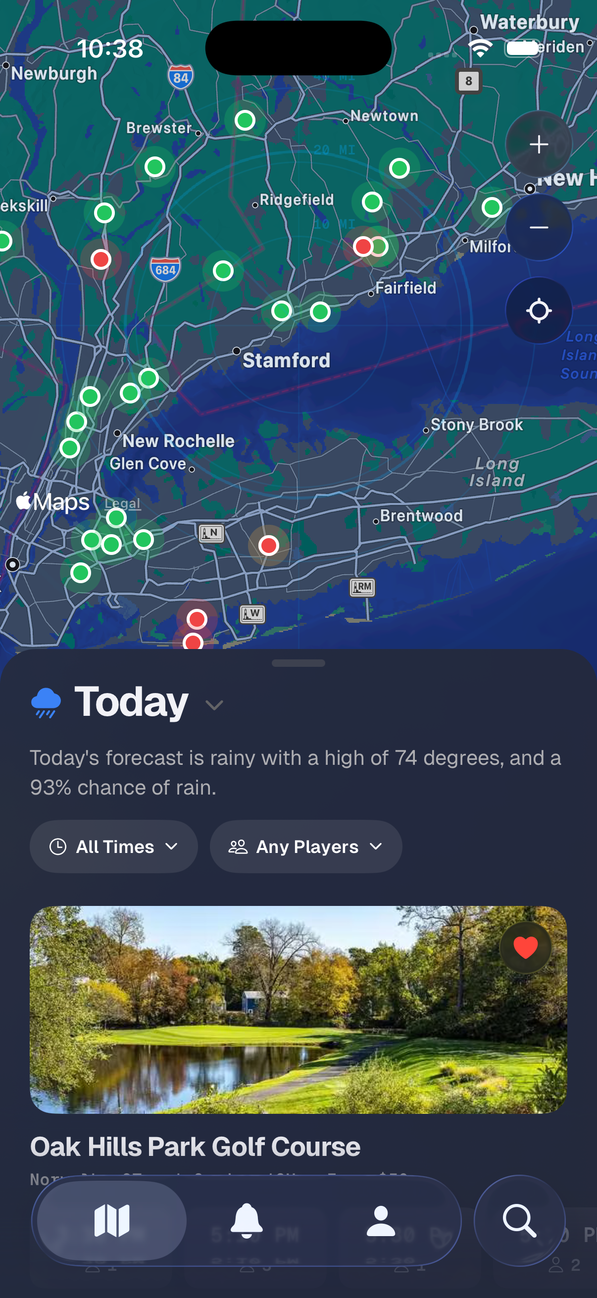TeeRadar app showing a map of golf courses near Fairfield County, CT with available tee times