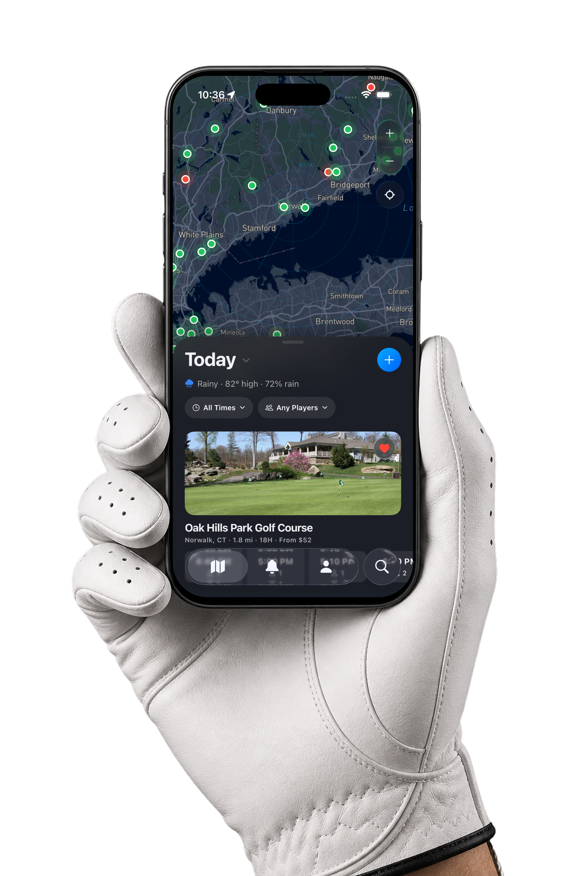 A golfer wearing a white golf glove holding an iPhone with TeeRadar open