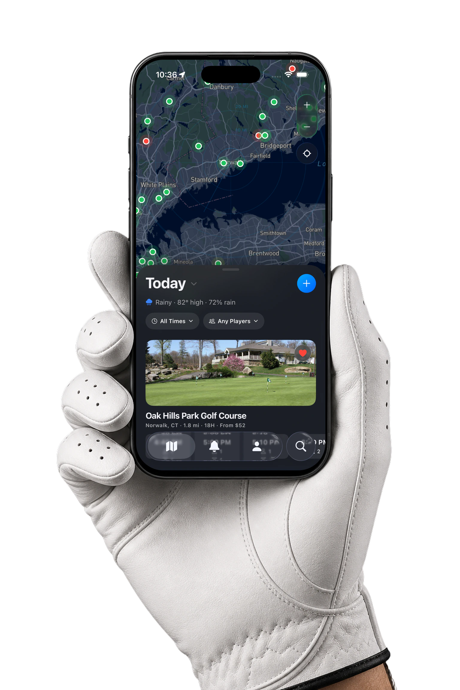 A golfer wearing a white golf glove holding an iPhone with TeeRadar open